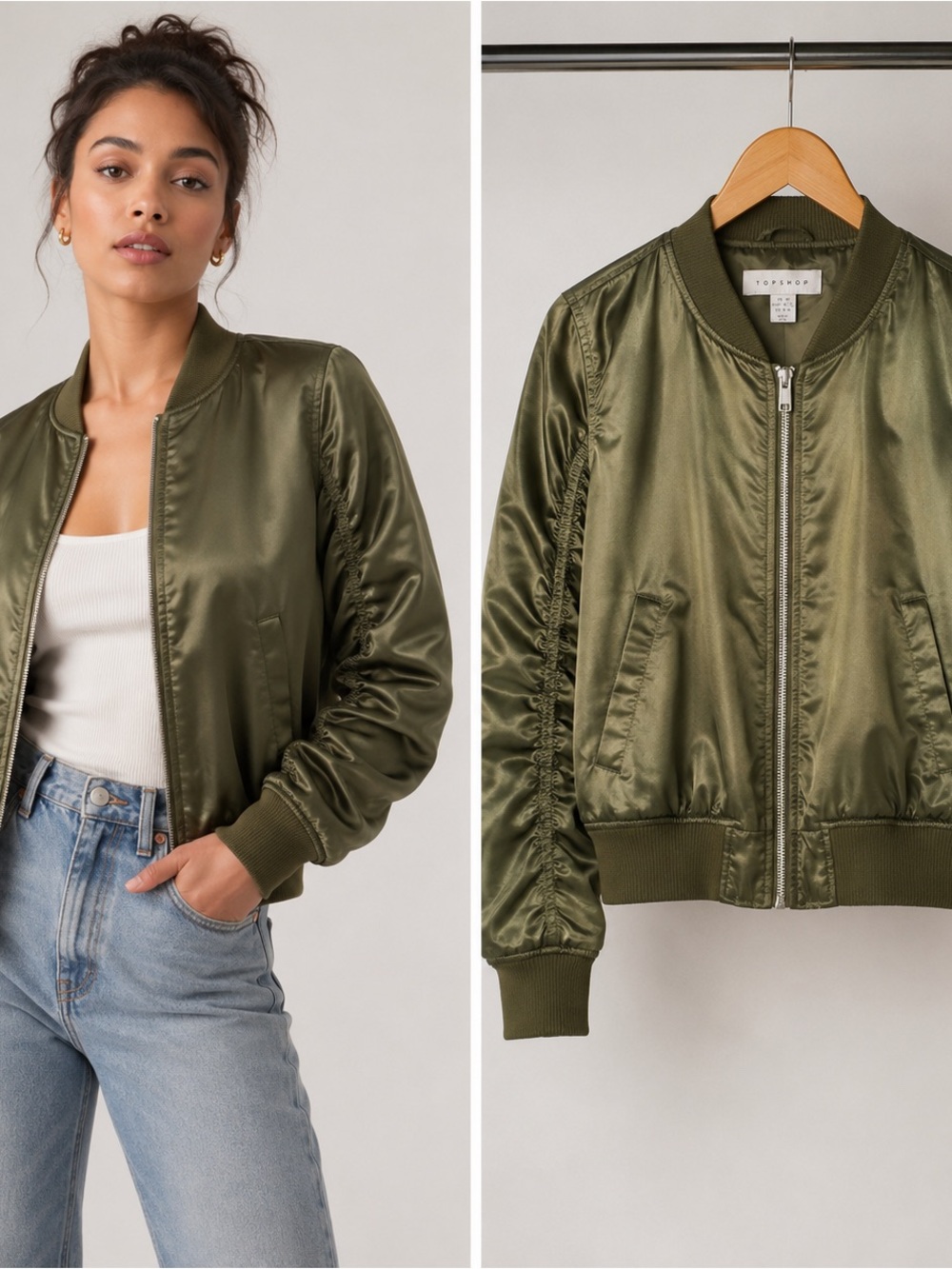 Topshop Olive Green Satin Bomber Jacket